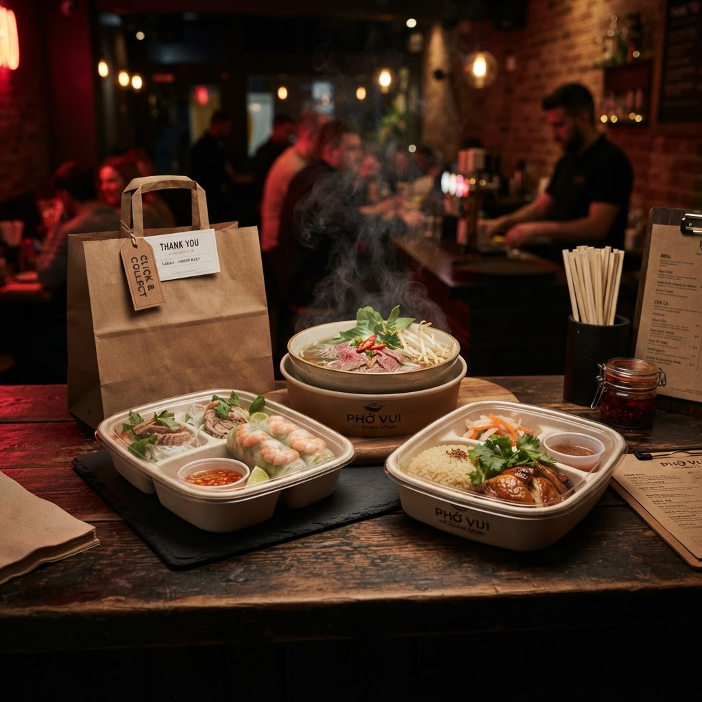 Plats vietnamiens à emporter joliment emballés, prêts pour le Click and Collect