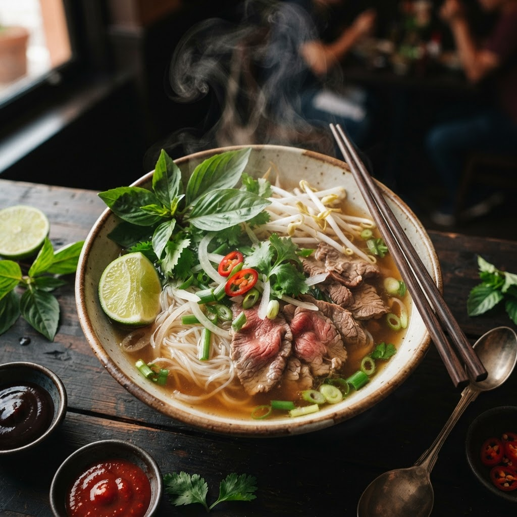 Bol de pho vietnamien fumant aux nouilles de riz, bœuf et herbes fraîches