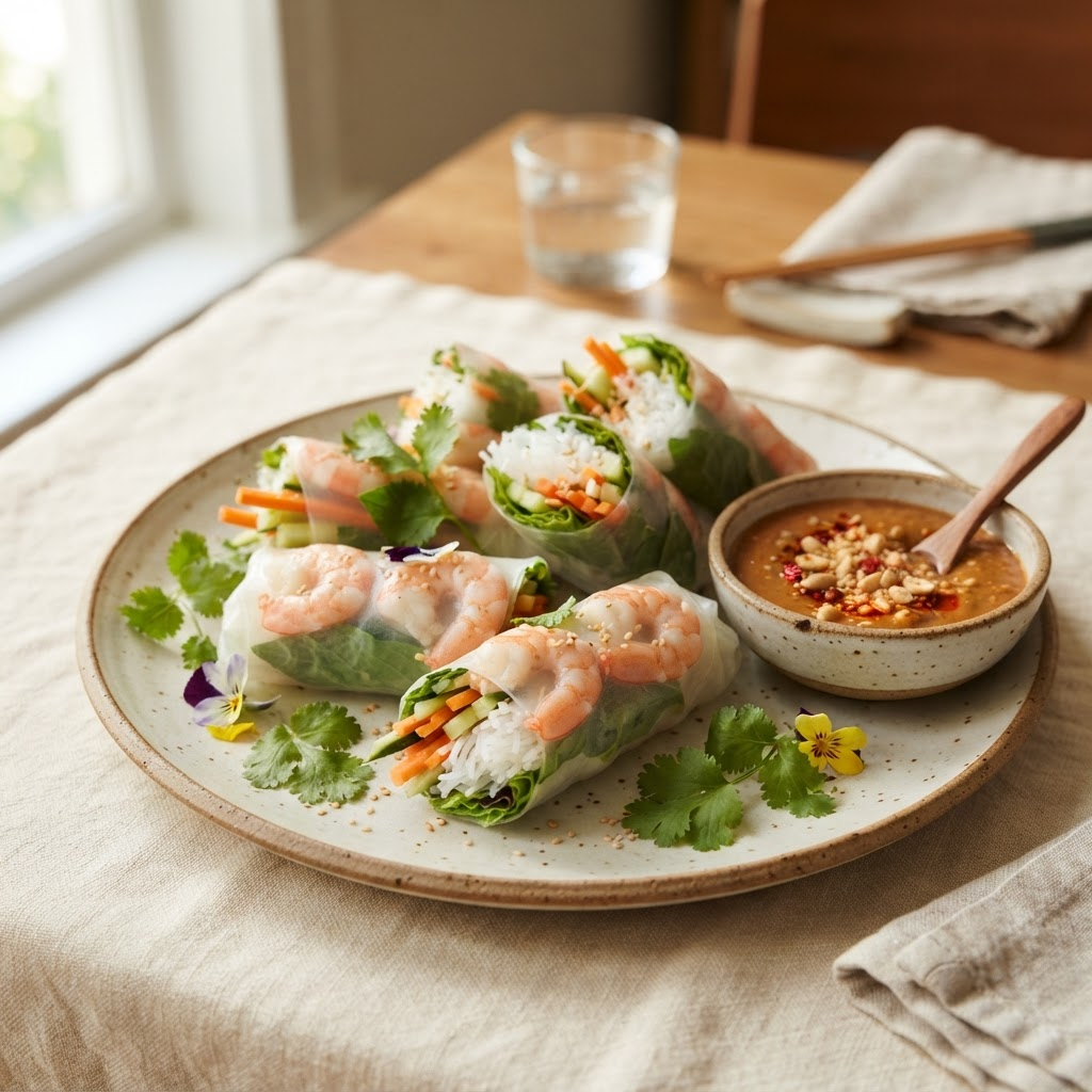 Rouleaux de printemps frais et colorés aux crevettes et herbes