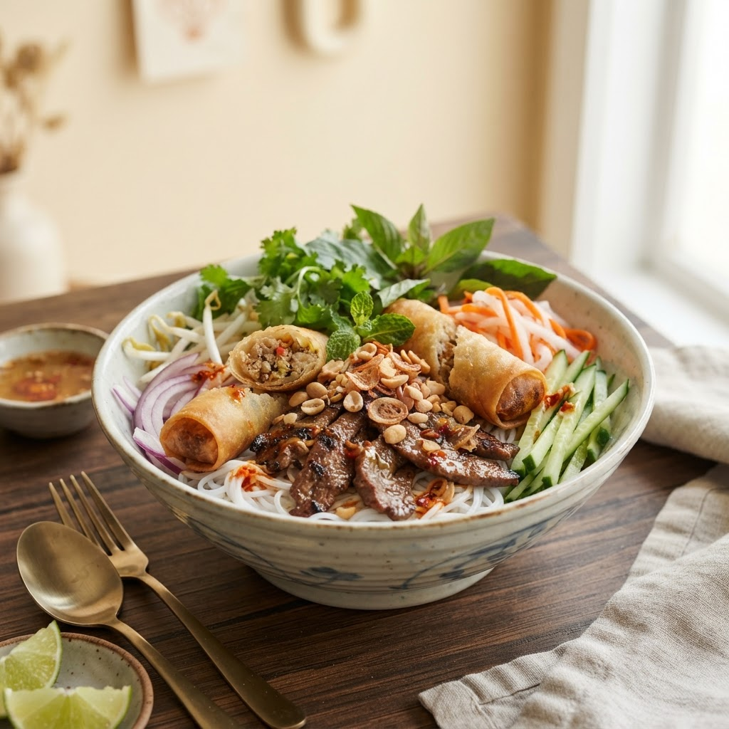 Bol de bo-bun vietnamien au bœuf grillé, vermicelles et herbes