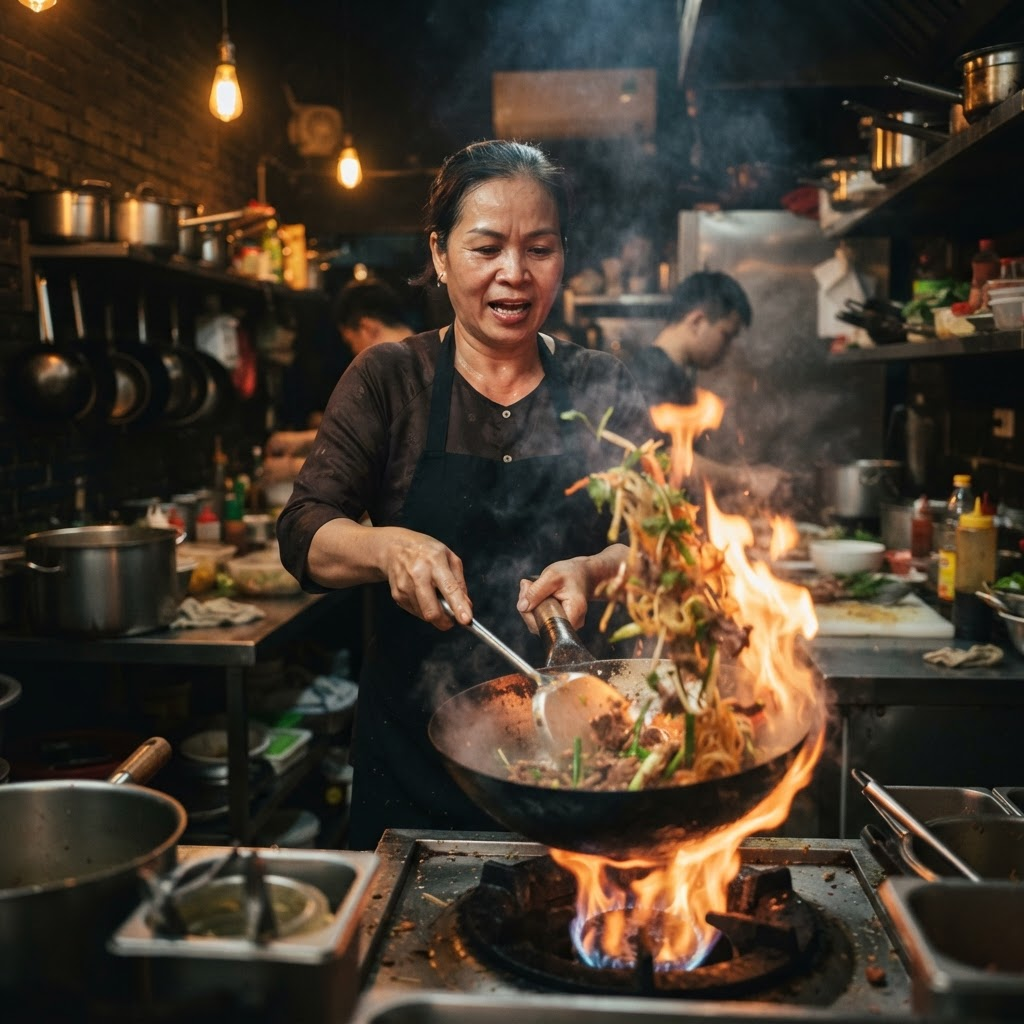 Chef vietnamien cuisinant au wok avec des flammes dans une cuisine chaleureuse